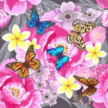 Pembe ve mavi çiçekleri olan kusursuz bir arka plan. Vektör illüstrasyonu