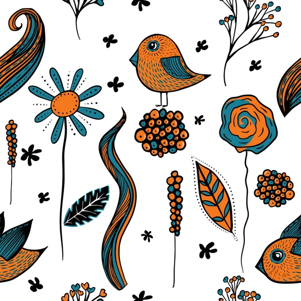 Διακοσμητικά Πουλιά Και Λουλούδια Χωρίς Ραφή Μοτίβο Διάνυσμα — Διανυσματικό Αρχείο