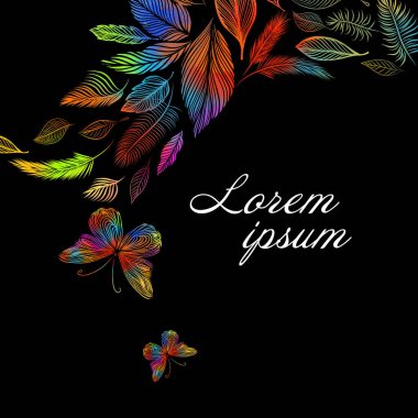 Gökkuşağı yapraklarının kelebeklerle soyutlanması. Vektör illüstrasyonu