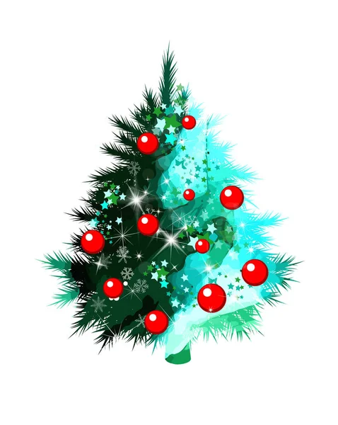 Aquarel schilderachtige sparren. Kerstboom met rode kerstballen. Gemengde media. Vectorillustratie — Stockvector