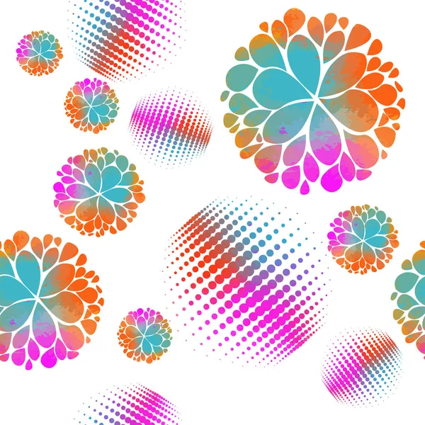 Uno sfondo astratto senza soluzione di continuità di cerchi multicolori e fiori rotondi. Illustrazione vettoriale — Vettoriale Stock