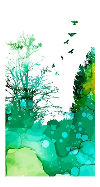 A silhueta da paisagem da natureza. Árvores coloridas. Meios mistos. Ilustração vetorial —  Vetores de Stock