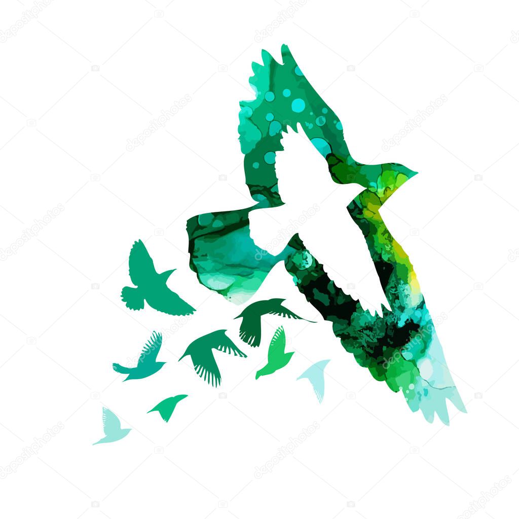 Bird abstract watercolor silhouette. Mixed media. Vector illustration