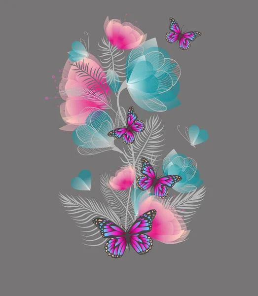 Zarter Hintergrund Mit Drei Abstrakten Blumen Und Kleinen Schmetterlingen — Stockvektor