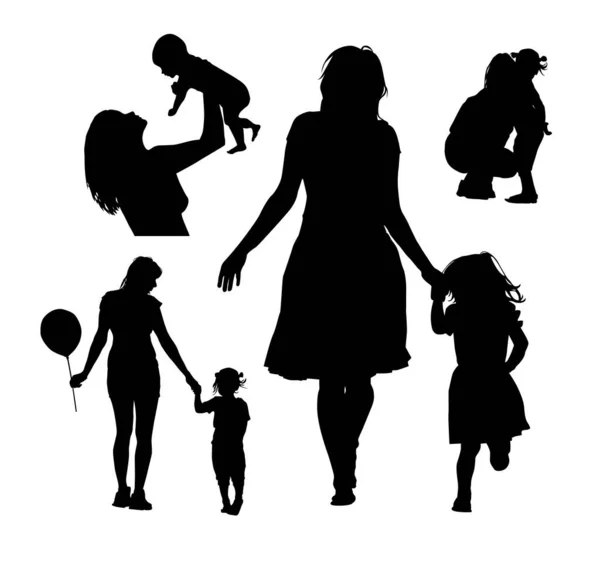 Çocuklu Kadın Siluetleri Vektör Anneler Günü Konsepti Vektör Çizimi Anneler — Stok Vektör