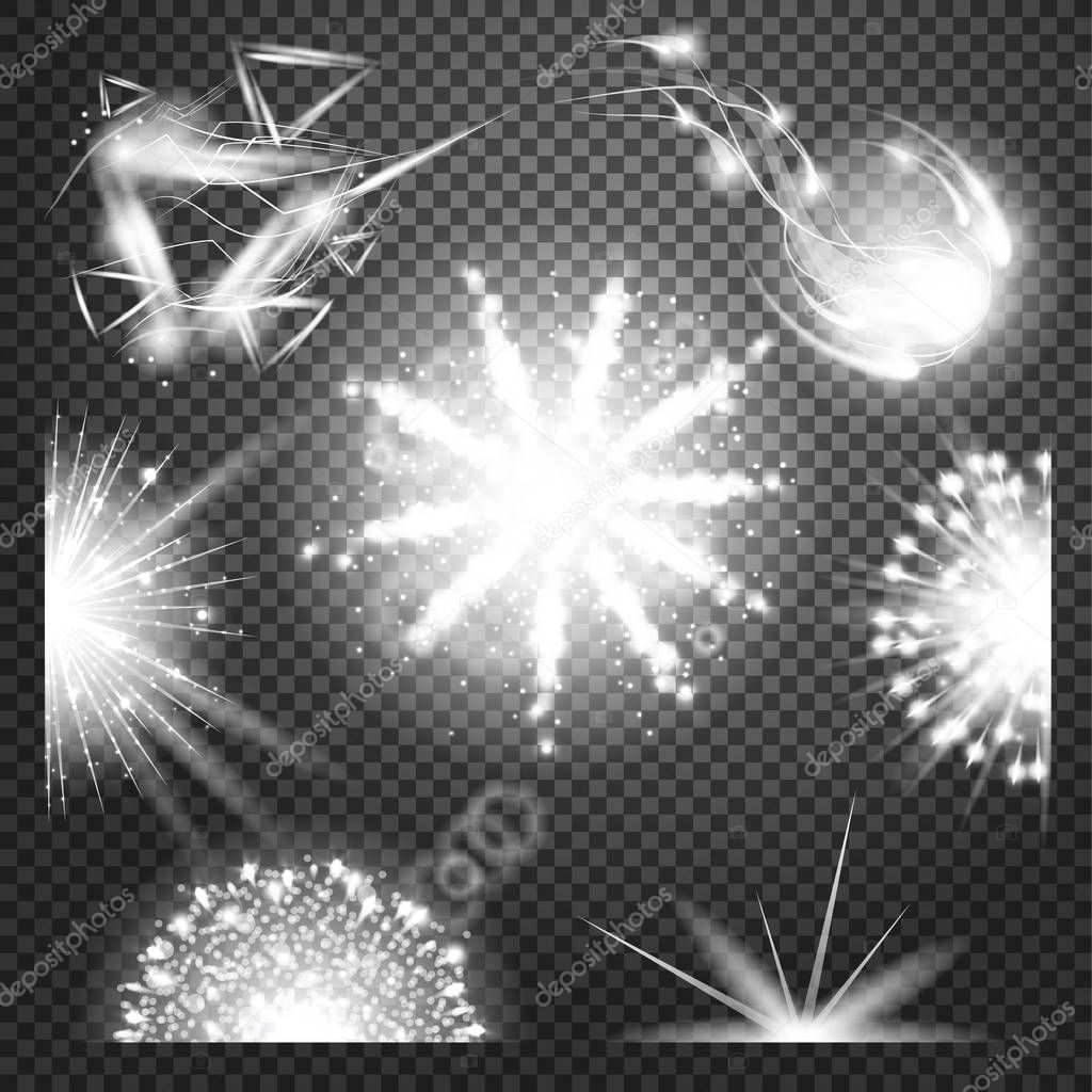 Vector special effects Collection. Set of various light effects and symbols, vector illustration. Firework light effects