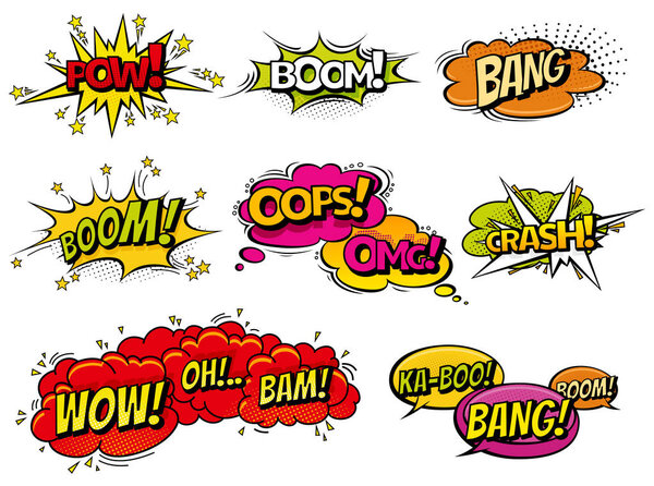 Пузырьки речи звукового эффекта комикса, выражения. Коллекция векторных мыльных пузырей иконка речи фраза, мультфильм эксклюзивные выражения метки шрифта, звуки иллюстрации фона. Комиксы
