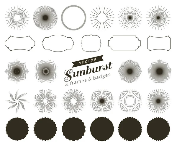 Collection d'éléments de design rétro sunburst dessinés à la main et éclatants. Cadres, insignes — Image vectorielle