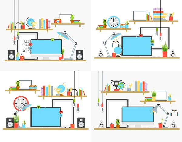 Ensemble de concept de bureau design avec étagères à livres et tasse de café sur l'illustration vectorielle de bureau. Ordinateur, lampe, son acoustique — Image vectorielle