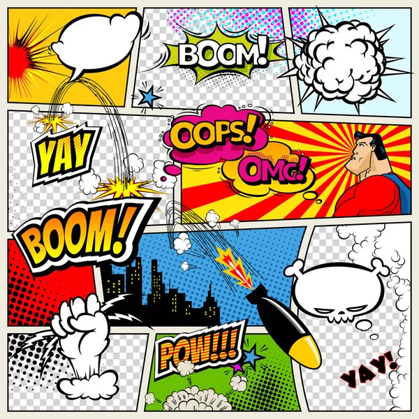 Página del cómic dividida por líneas con burbujas de habla, cohetes, superhéroes y efectos de sonidos. Una maqueta de fondo retro. Plantilla de cómics. Ilustración vectorial . — Vector de stock