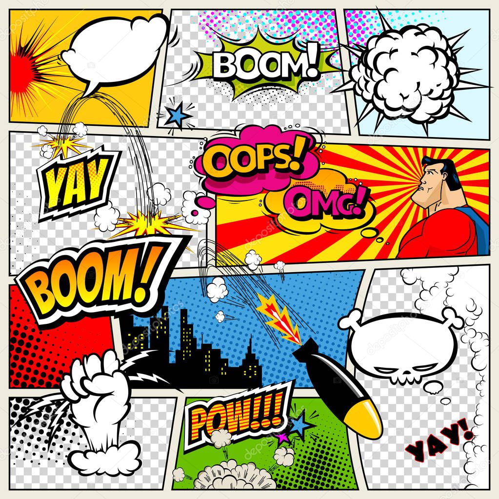 Comic book page divided by lines with speech bubbles, rocket, superhero and sounds effect. Retro background mock-up. Comics template. Vector illustration.