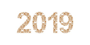 Sayı 2019 yıl beyaz izole çiçek şekillerle desenli. 2019 dekore takvim, afiş, poster, davet, kart, Yetişkin renklendirme kitap için.