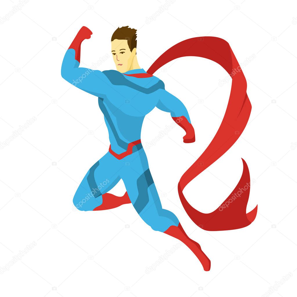 Superhero standing with cape waving in the wind. Pop art comic book style superhero vector poster design wall decoration illustration.
