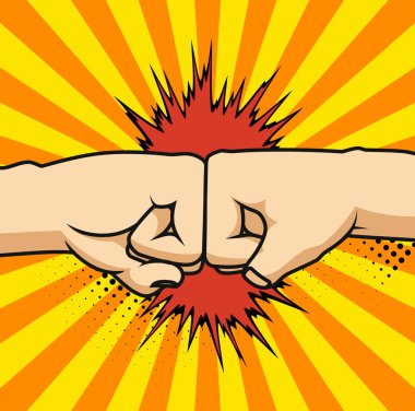 İki yumruk birlikte darbeleme vektör çizim, iki elinle yumruk Hava Delme içinde mücadele, kavramı gücü karikatür jest beyaz zemin üzerine, düz çizgi anahat sanat.