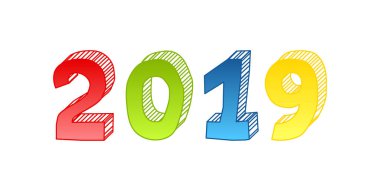 Elle çizilmiş izometrik 2019 yıl beyaz arka plan üzerinde yazı. Vektör çizim.