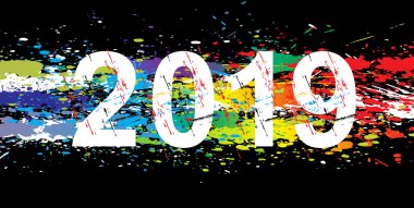 2019 yıl su sıçramalarına boya. Degrade vektör yazı tipi. Numarası.