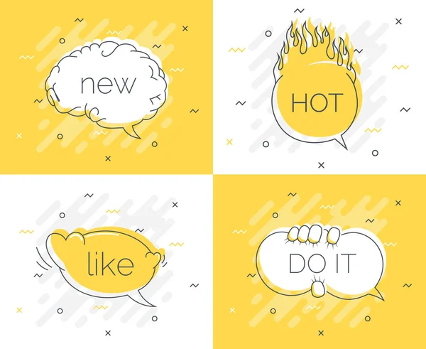 Быстрые советы значок с пузырьком речи новый мозг, сделать это, как, горячий. Модный плоский вектор на желтом фоне. Умная векторная иллюстрация . — стоковый вектор