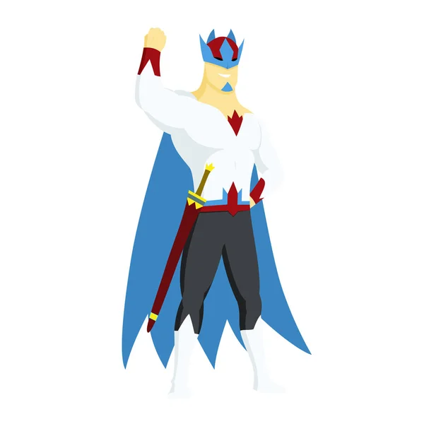 Icono de acciones rey superhéroe en la pose de salto de estilo de dibujos animados de color en la ilustración del vector impermeable azul . — Vector de stock