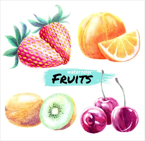 Fruits aquarelle Cerise, Kiwi, Orange, Fraise. Ensemble de fruits mûrs juteux vectoriels . — Image vectorielle