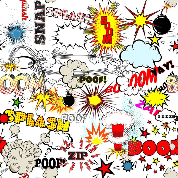 Explosión sin fisuras del cómic, bombas y explosiones. Burbujas para el habla, diferentes sonidos vector — Archivo Imágenes Vectoriales