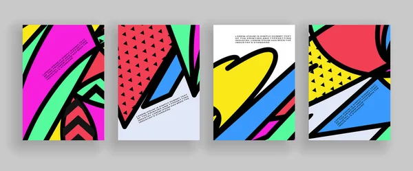 Minimales Cover-Design. Plakatvorlagen mit abstrakten geometrischen Formen, 80er Jahre Memphis hellen Stil flache Designelemente gesetzt. Retro Art für A4 Cover, Banner, Flyer und Poster. — Stockvektor