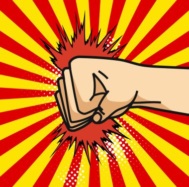 Pop sanat çizgi film çizgi roman poster yumruk ve patlama balon komik arka plan üzerinde.