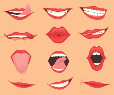 Çeşitli ağız duyguları ve ifadeleri ile kadın dudakları seti. Vektör çizimi.
