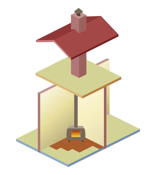 Vektorový schéma místa požáru a komína. 3D budova s podlahou, střechou, stěnami — Stockový vektor