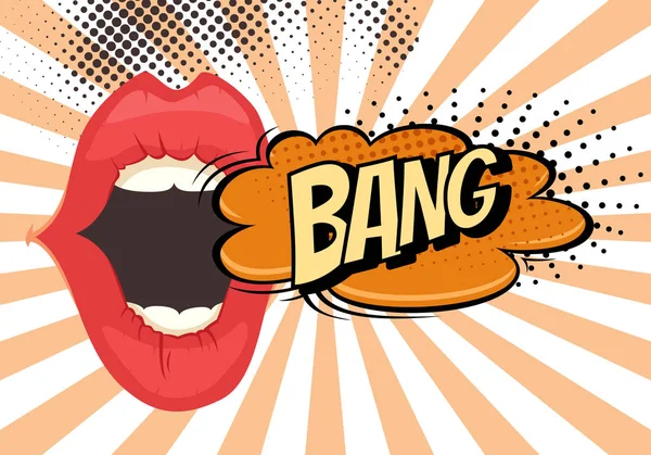 Speech Bubble con labbra donna in stile Pop-Art. Bang testo sonoro . — Vettoriale Stock