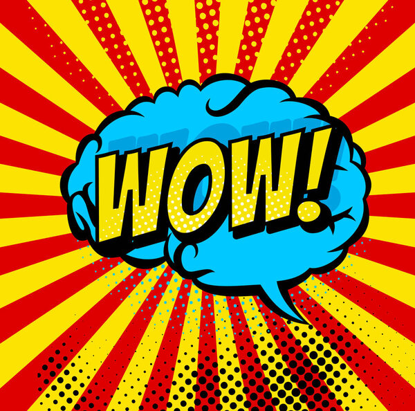 Comic book bubbles and sound blasts icons with sun beams. Vector cartoon pop art bubbles brain of WOW sound boom cloud blast explosion - Vector illustration.