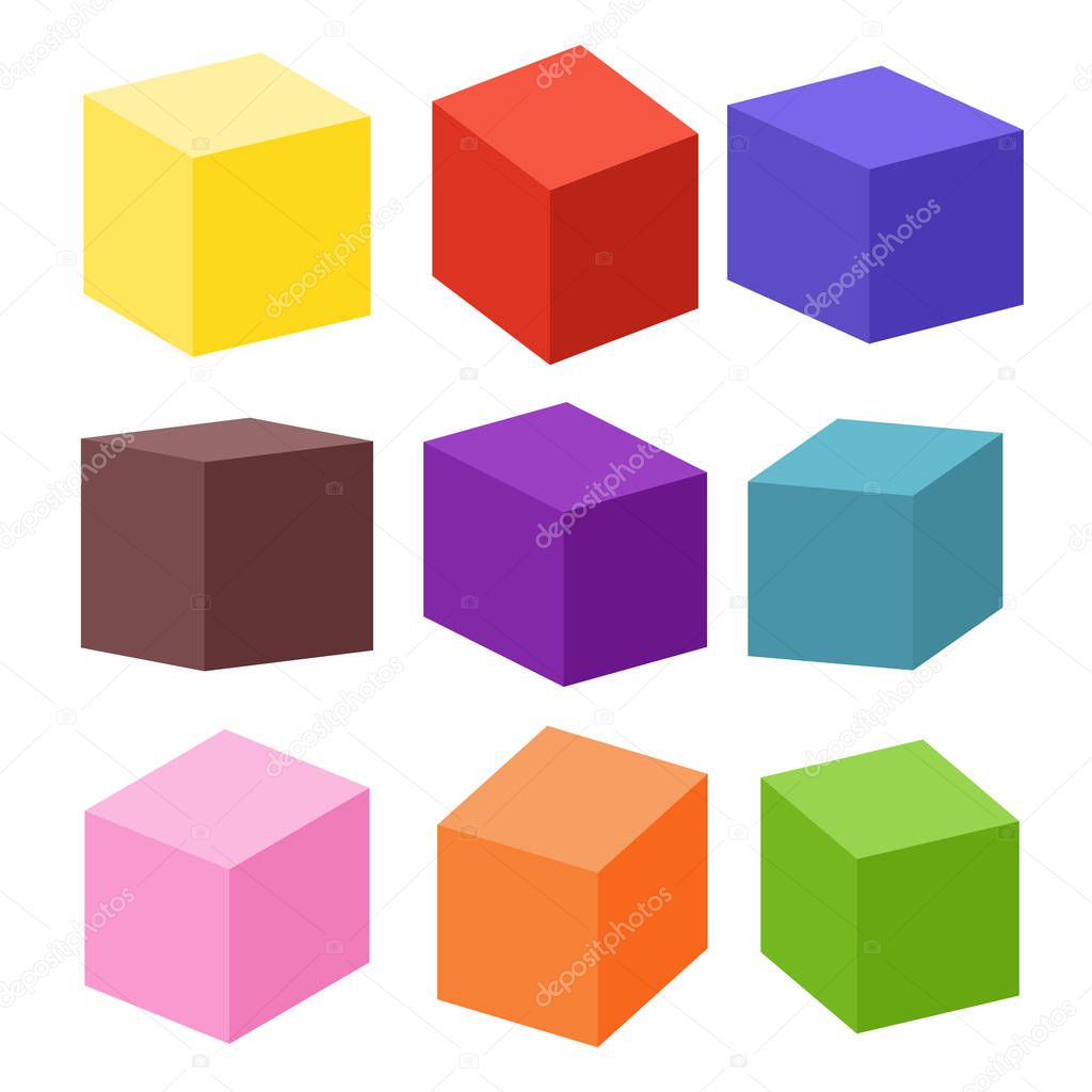 Set of blank colorful toy bricks vector illustration. Single vector cubes isolated on white background.