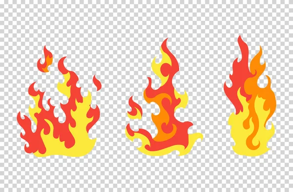 Set fire flames. Cartoon collection of abstract stylized fires. Flaming illustration. Comic dangerous flame fires isolated vector. Hot painting. Transparent background — Stock Vector