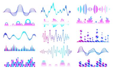 Vektör müzik ses dalgaları ayarlandı. Ses dijital dengeleyici teknolojisi, konsol paneli, müzikal nabız. Modern müzik dalgası modeli. Müzikal bar kavramı. Dinamik ışık akışı, neon ışık efektiyle
