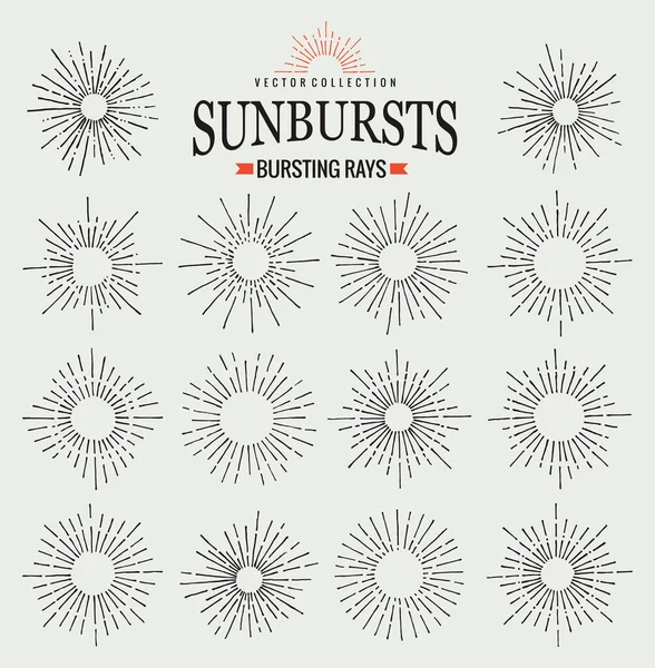 Colección Sunbursts de modernos rayos retro dibujados a mano. Símbolo de puesta de sol, salida del sol y fuegos artificiales radiales. Elementos de diseño. Estallidos de sol vintage en color negro — Archivo Imágenes Vectoriales