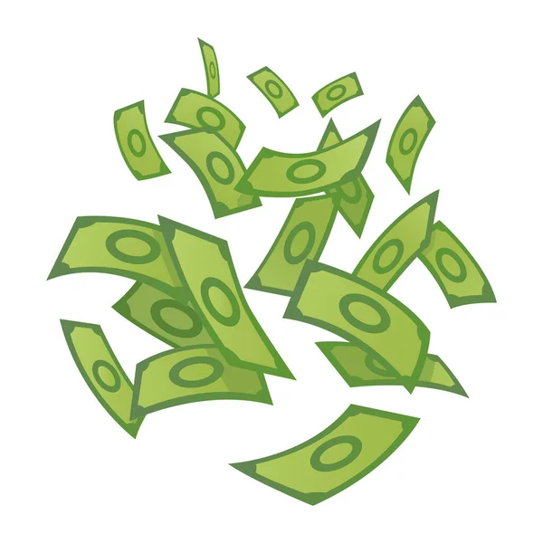 Kreslené peníze. Zelená bankovka. Létající a válcované bankovky. Koncept velkých peněz. Izolováno na bílém pozadí — Stockový vektor