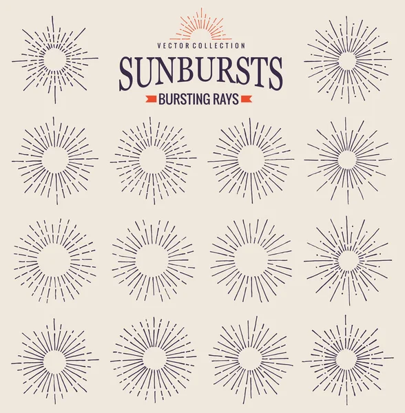 Sunburst collezione di trendy mano disegnato raggi retrò. Tramonto, alba e fuochi d'artificio radiali. Elementi di design. Raggi di sole vintage di colore nero — Vettoriale Stock