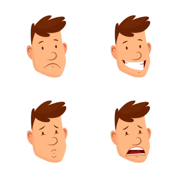 인간은 표현을 마주 한다. 서로 다른 남성 얼굴의 감정들의 세트. 매력적 인 만화 캐릭터. 행복, 슬프고, 놀라고, 피곤하고, 웃고, 기타 감정들 — 스톡 벡터