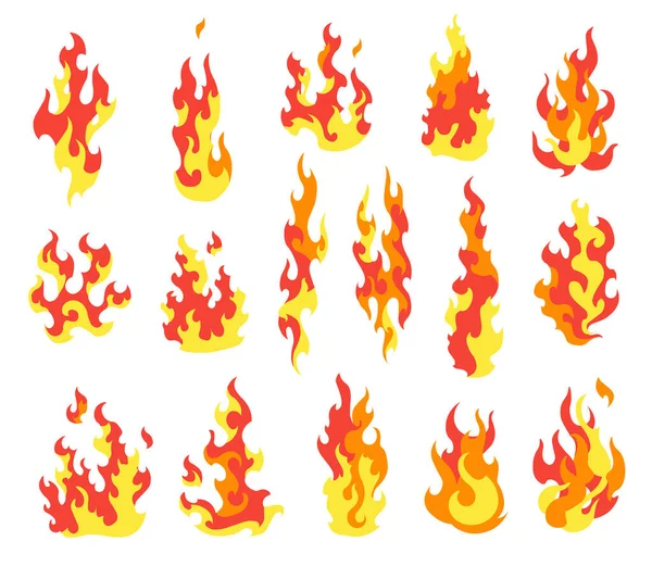 Acendam as chamas. Coleção de desenhos animados de incêndios estilizados abstratos. Ilustração flamejante. Chama perigosa em quadrinhos dispara vetor isolado. Pintura quente — Vetor de Stock