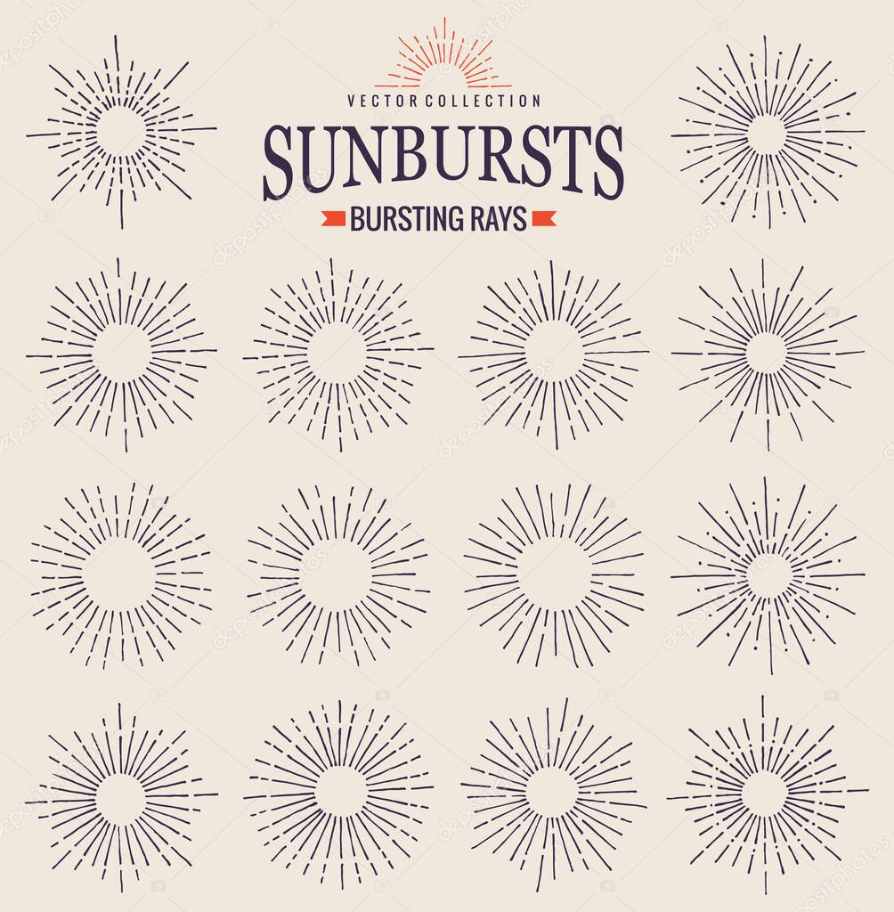 Sunbursts collection of trendy hand drawn retro rays. Sunset, sunrise and radial fireworks symbol. Design elements. Vintage sunbursts in black color