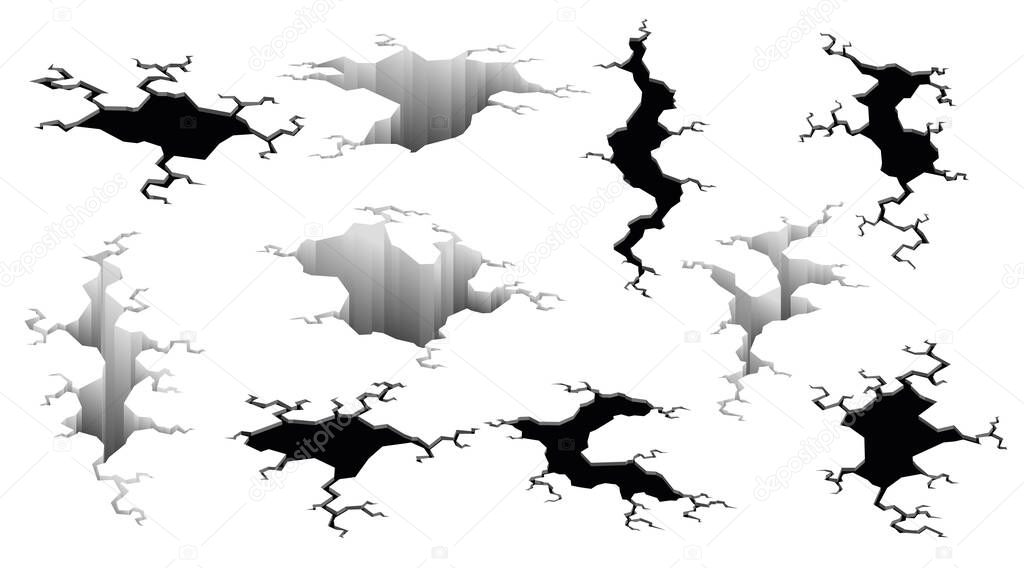 Collection of earthquake cracks. Hole effect and cracked surface. Holes in ground with cracking and earth destruction cracks isolated vector cartoon. Vector illustration