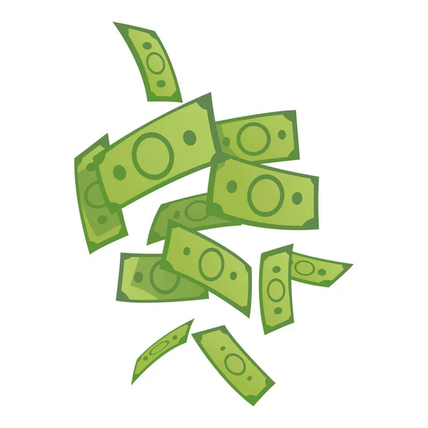 Karikaturengeld. Grüne Banknote. Fliegende und rollende Scheine. Konzept des großen Geldes. Isoliert auf weißem Hintergrund — Stockvektor
