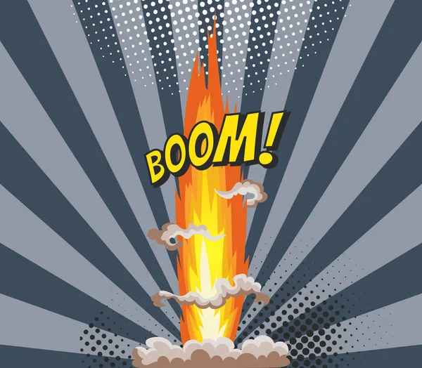 Эффект взрыва мультфильма с дымом. Красочный смешной баннер в стиле комиксов и поп-арта. Взрыв комикса на фоне полосатого солнечного луча — стоковый вектор