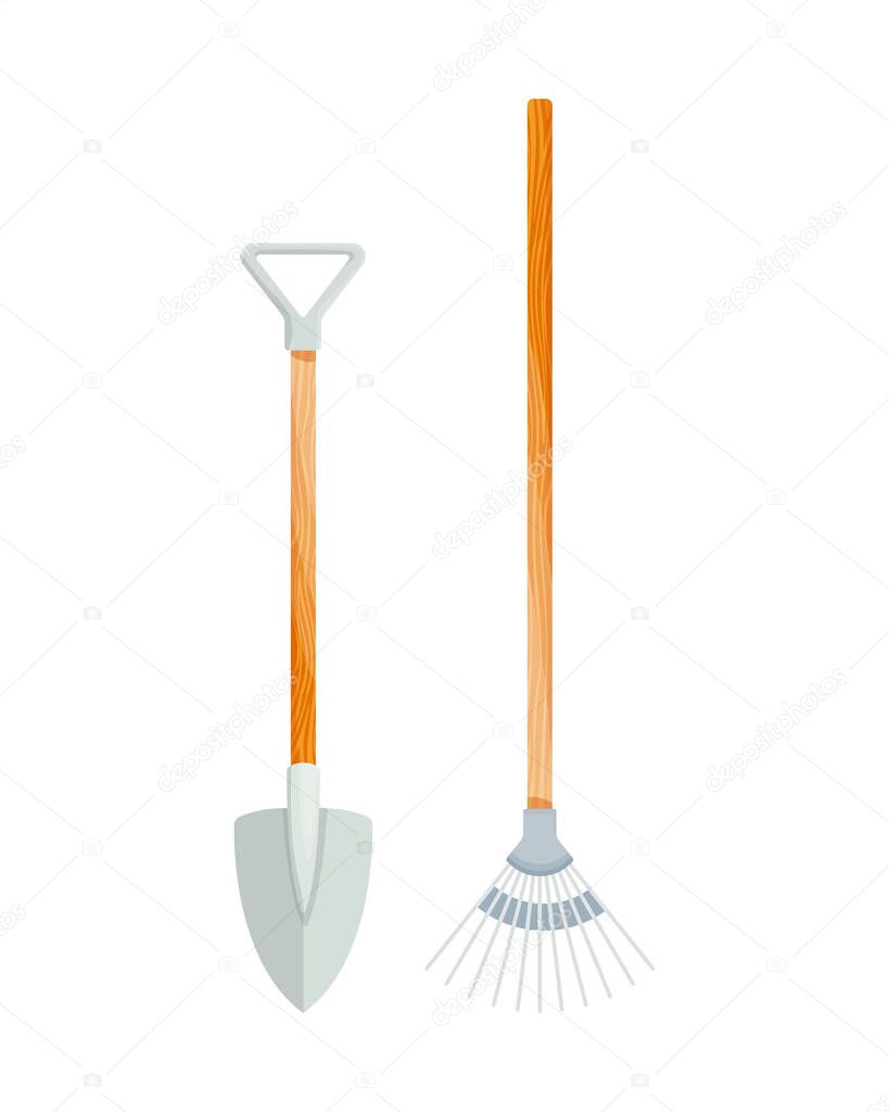 Element of garden set. Agricultural tool for garden care, colorful vector flat illustration. Gardening element shovels and rake