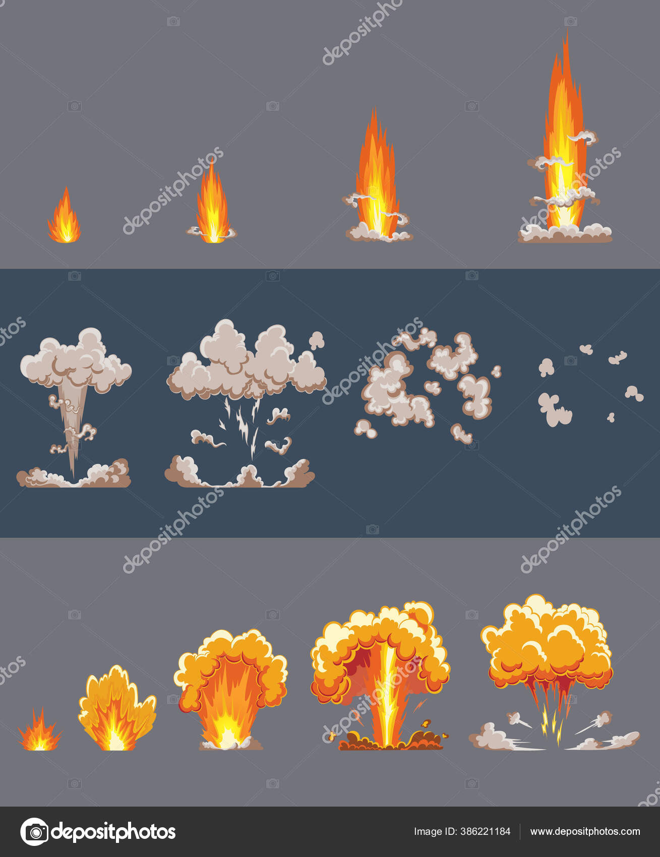 Cartoon explosion effect with smoke. Comic boom effect, explode flash, bomb  comic, vector illustration. Explode effect animation. Cartoon bang  explosion frames. Animation frames for game Stock Vector Image by  ©Designer_things #386221184