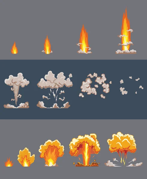 Efekt karikatury s kouřem. Komický efekt výbuchu, výbuch blesku, bombový komiks, vektorová ilustrace. Animace efektu výbuchu. Rám výbuchu karikatury. Animační rámce pro hru — Stockový vektor