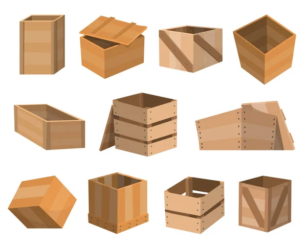 Trälådor. Boxpaket. Trä tomma lådor och förpackade lådor eller förpackningar lådor. Containrar för leverans eller frakt set. Illustration isolerad på vit bakgrund — Stock vektor