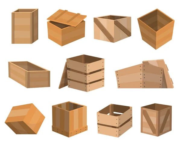 Cajones de madera. Paquete de cajas. Cajones vacíos de madera y cajas de embalaje o cajas de embalaje. Contenedores para entrega o set de envío. Ilustración aislada sobre fondo blanco — Archivo Imágenes Vectoriales