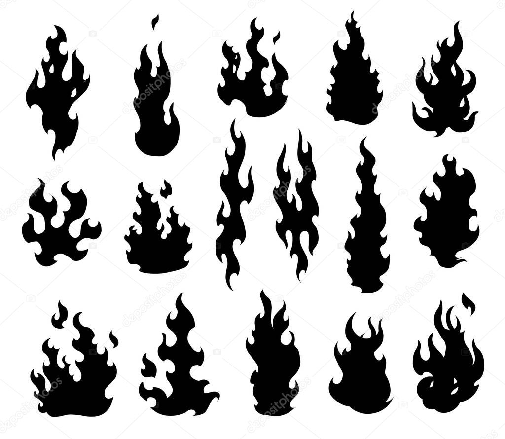 Set fire flames. Cartoon collection of abstract monochrome fires. Flaming illustration. Comic dangerous flame fires isolated vector