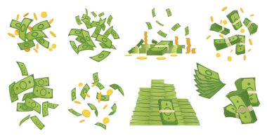 Çizgi film para koleksiyonu. Yeşil banknot ve altın sikkeler karikatür vektör çizimi. Uçan ve yuvarlanan banknotlar, yığınla bozuk para. Dolar yağmuru