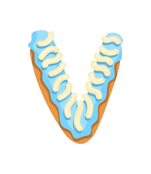 Písmo Cartoon cookies. Vektorové písmeno pečení v barevné glazuře. Tvůrčí perníkový typografický design. Dětské sladké koblihy. Písmeno V — Stockový vektor